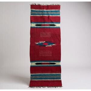 Vintage Handwoven Mexican Table Runner Red Southwestern Serape 54x17 Boho Decor